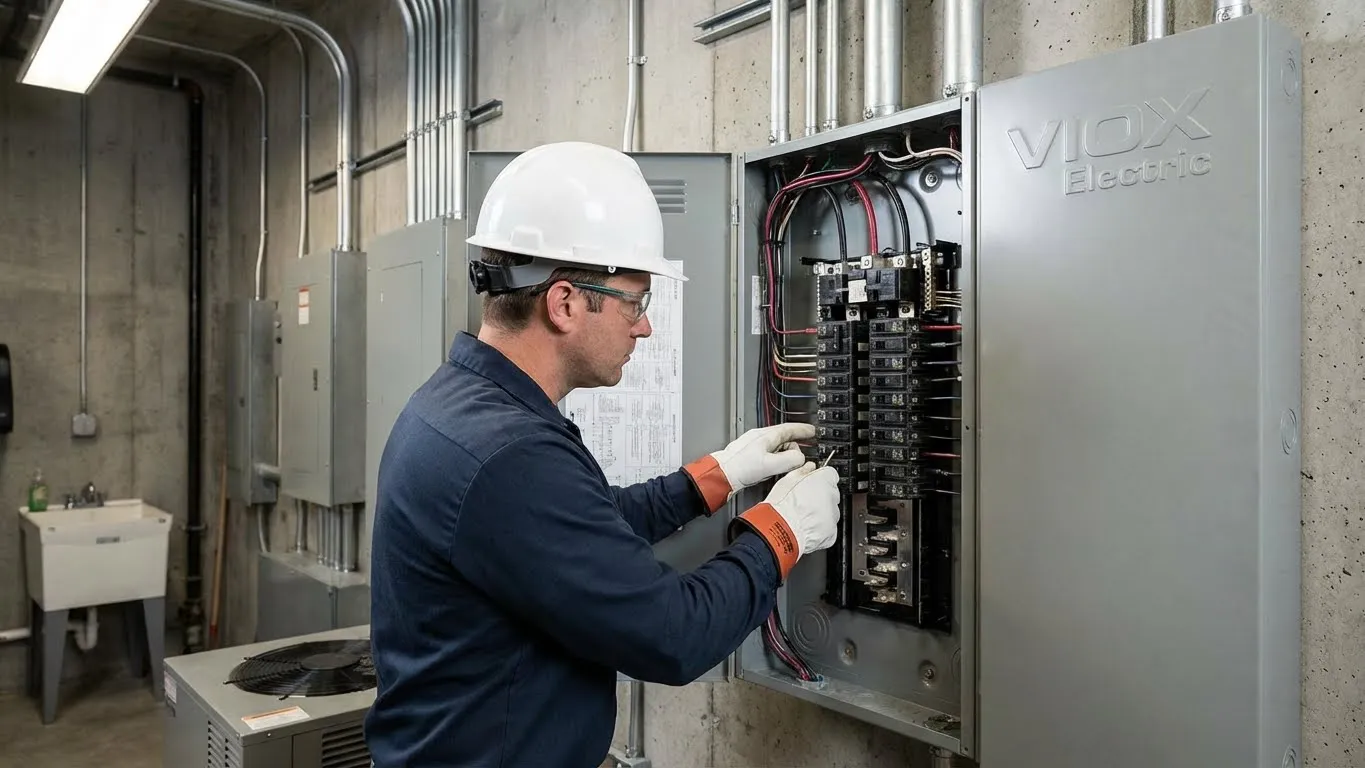 Professional electrician working on electrical panel